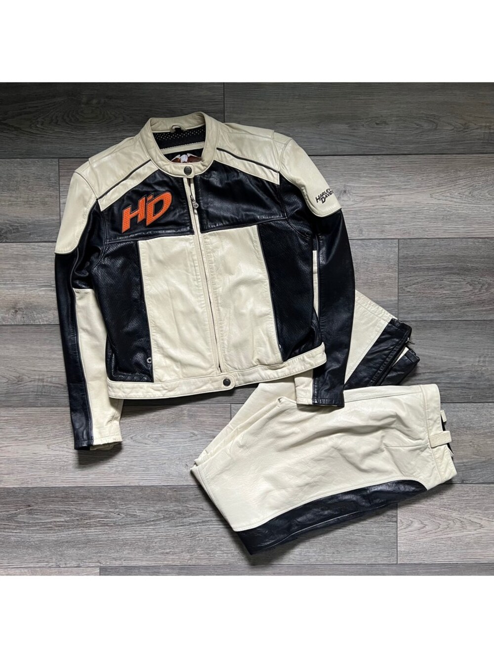 Harley Davidson Women's Tan Motorcycle Leather Jacket & Pants Set Large 38/10